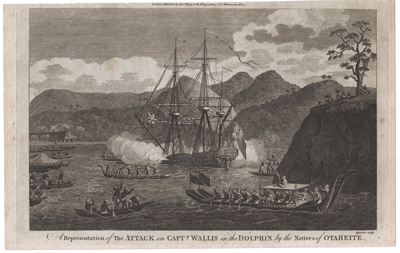 A Representation of the Attack on Captain Wallis in the Dolphin, by Natives of Otaheite